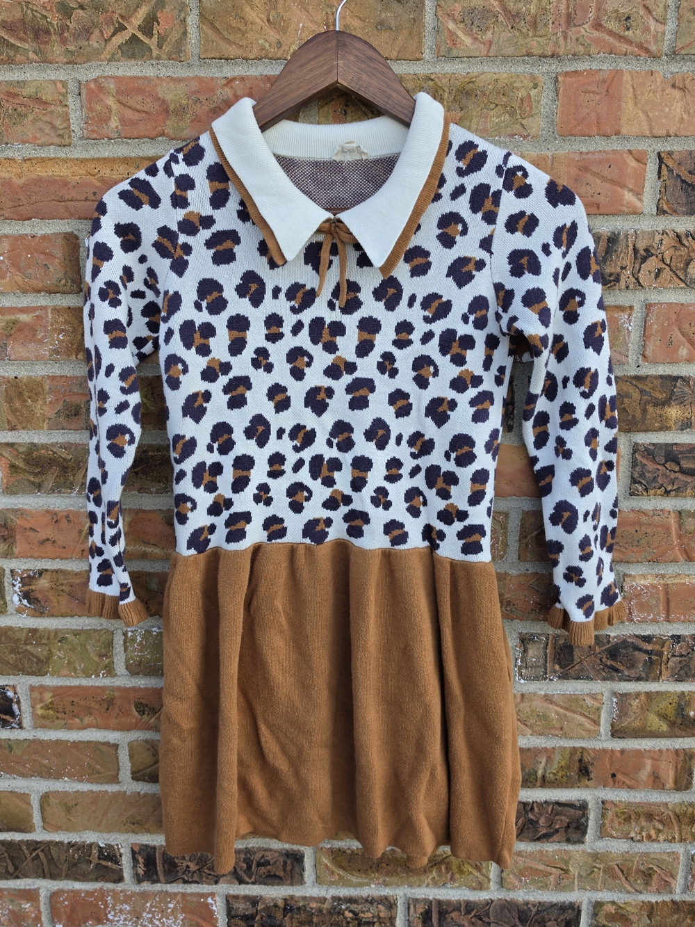 Girls Leopard Print Knit Dress with Tan Skirt and Peter Pan Collar